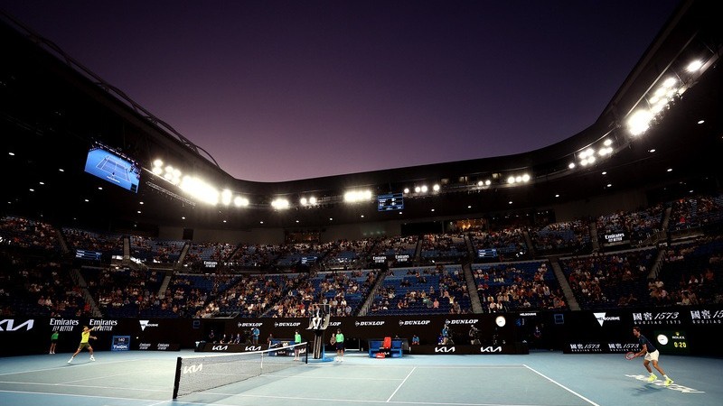 MELBOURNE, AUSTRALIA – FEBRUARY 09: General view on Rod Laver Arena during the Men’s Singles first round match between Stefanos Tsitsipas of Greece and Gilles Simon of France during day two of the 2021 Australian Open at Melbourne Park on F