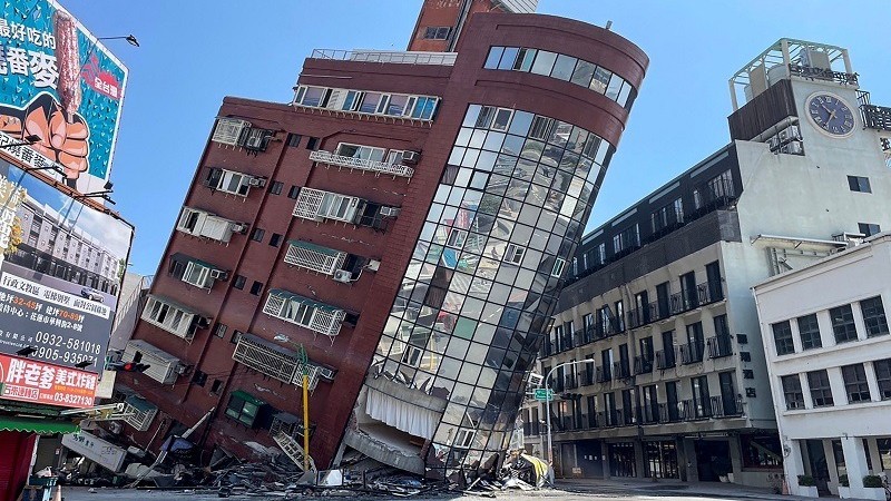 This photo taken by Taiwan’s Central News Agency (CNA) on April 3, 2024 shows a damaged building in Hualien, after a major earthquake hit Taiwan’s east. At least one person was feared dead and nearly 60 injured on April 3 by a powerful eart
